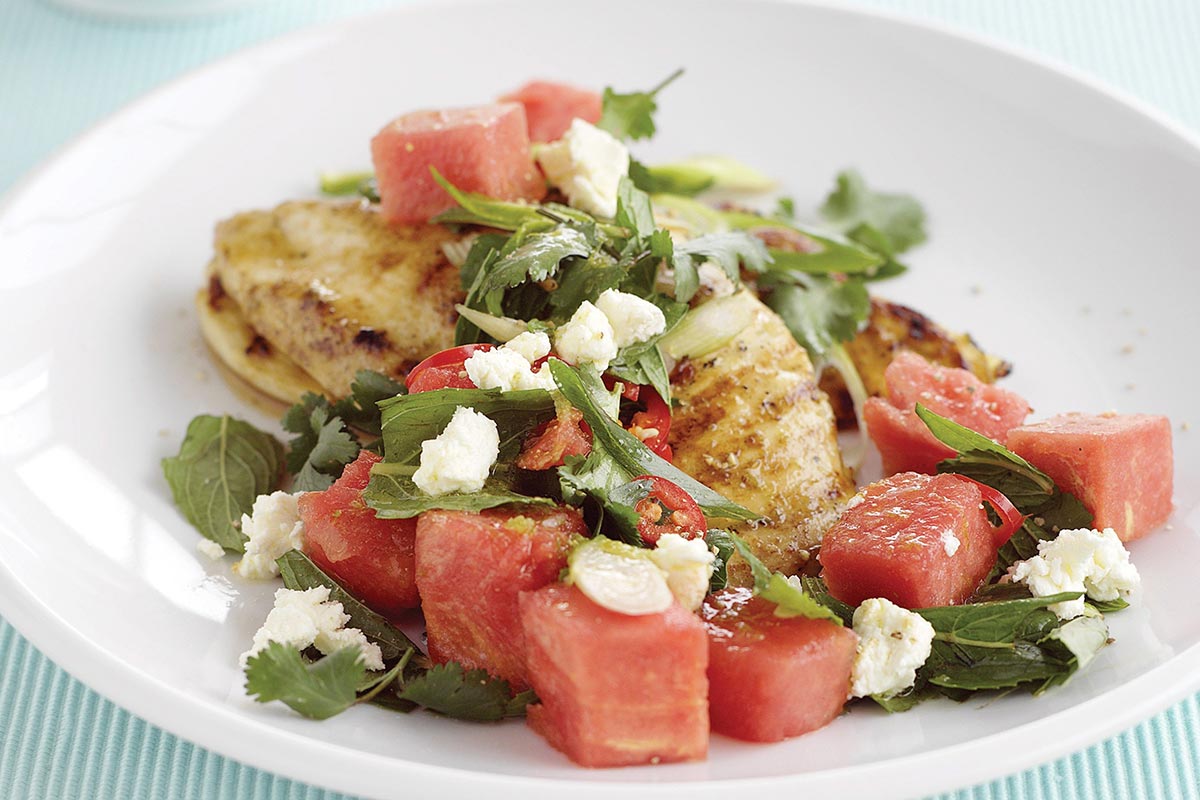 gordon ramsay lime grilled chicken with fresh watermelon salad small Gordon Ramsay's Griddled Chicken with Chickpeas, Feta & Watermelon Salad Recipe