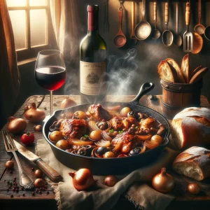 A delicious serving of Gordon Ramsay's Coq au Vin, showcasing the rich, wine-infused sauce and tender chicken