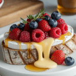 Melted Brie toast topped with macerated berries, honey, and herbs on rustic sourdough bread.