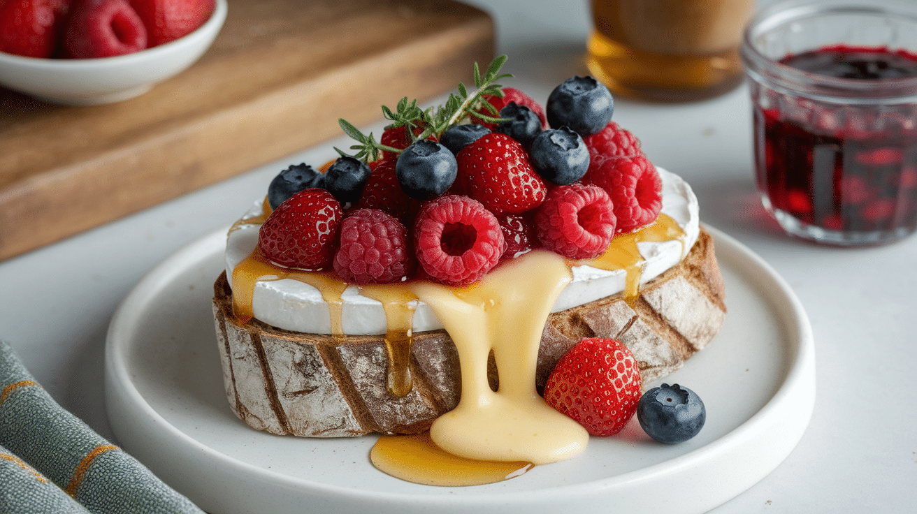 Melted Brie toast topped with macerated berries, honey, and herbs on rustic sourdough bread.