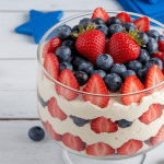 Top view of a red, white, and blue summer trifle perfect for a patriotic 4th of July dessert.