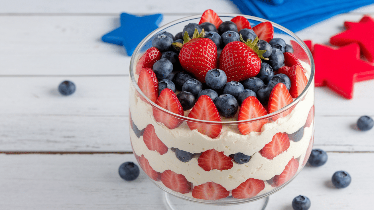 Top view of a red, white, and blue summer trifle perfect for a patriotic 4th of July dessert.