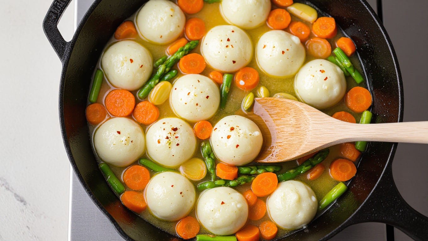 Skillet cooking gnudi in garlic‑white wine butter sauce