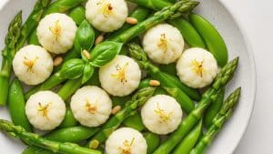 Lemon ricotta gnudi with asparagus, snap peas & basil