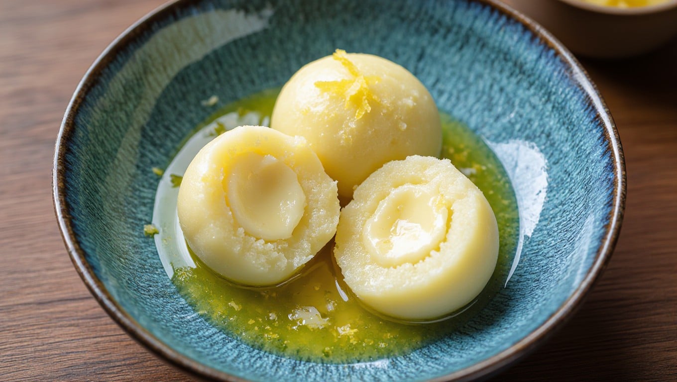Cut gnudi showing pillowy ricotta interior