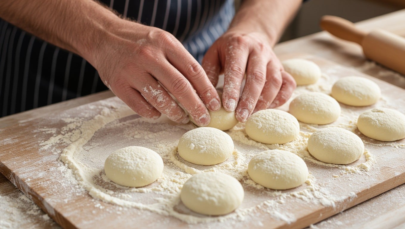 Forming ricotta gnudi on floured board