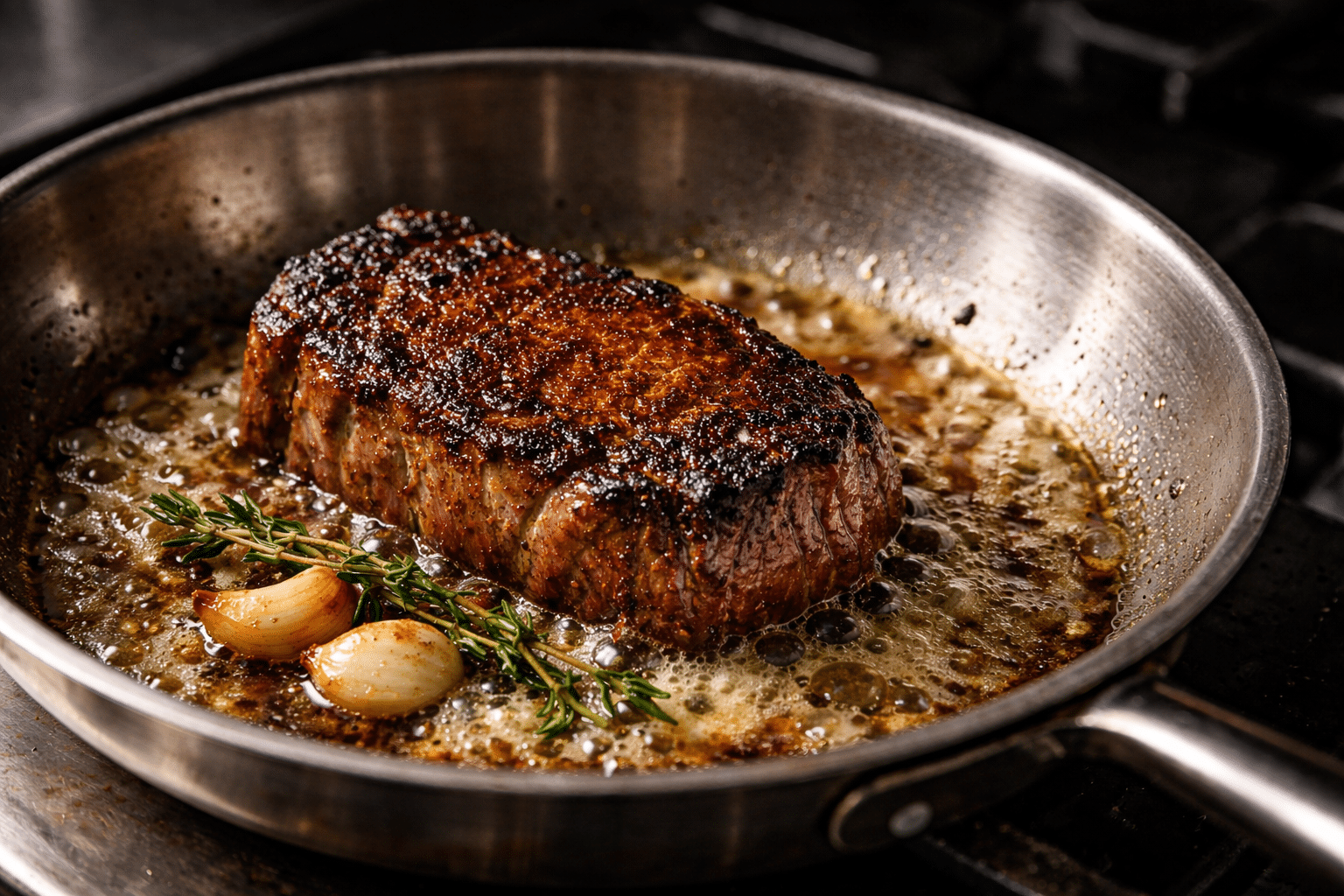Steak searing in a hot pan with butter and herbs forming a crust
